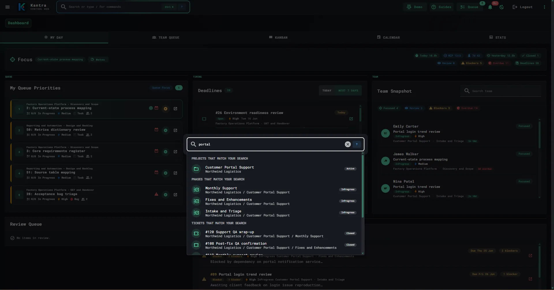 Kantra command center search modal open over the dashboard