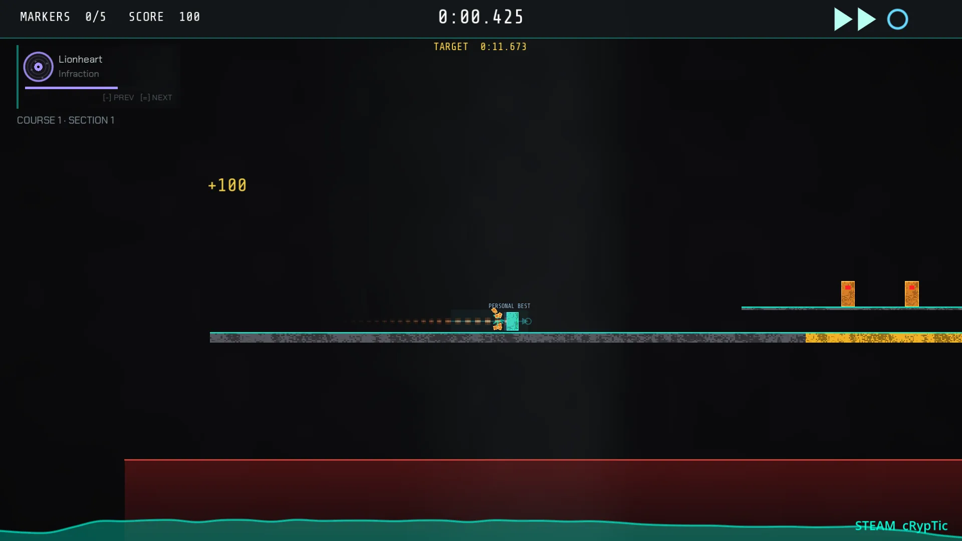 A dash strike connecting with an enemy, scoring +100 and refunding the dash