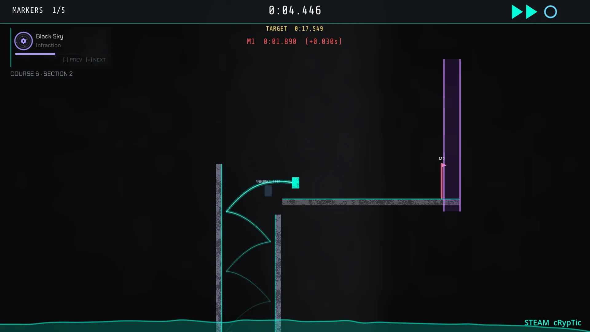 Player chaining wall kicks up a narrow chimney, trail arcing behind them