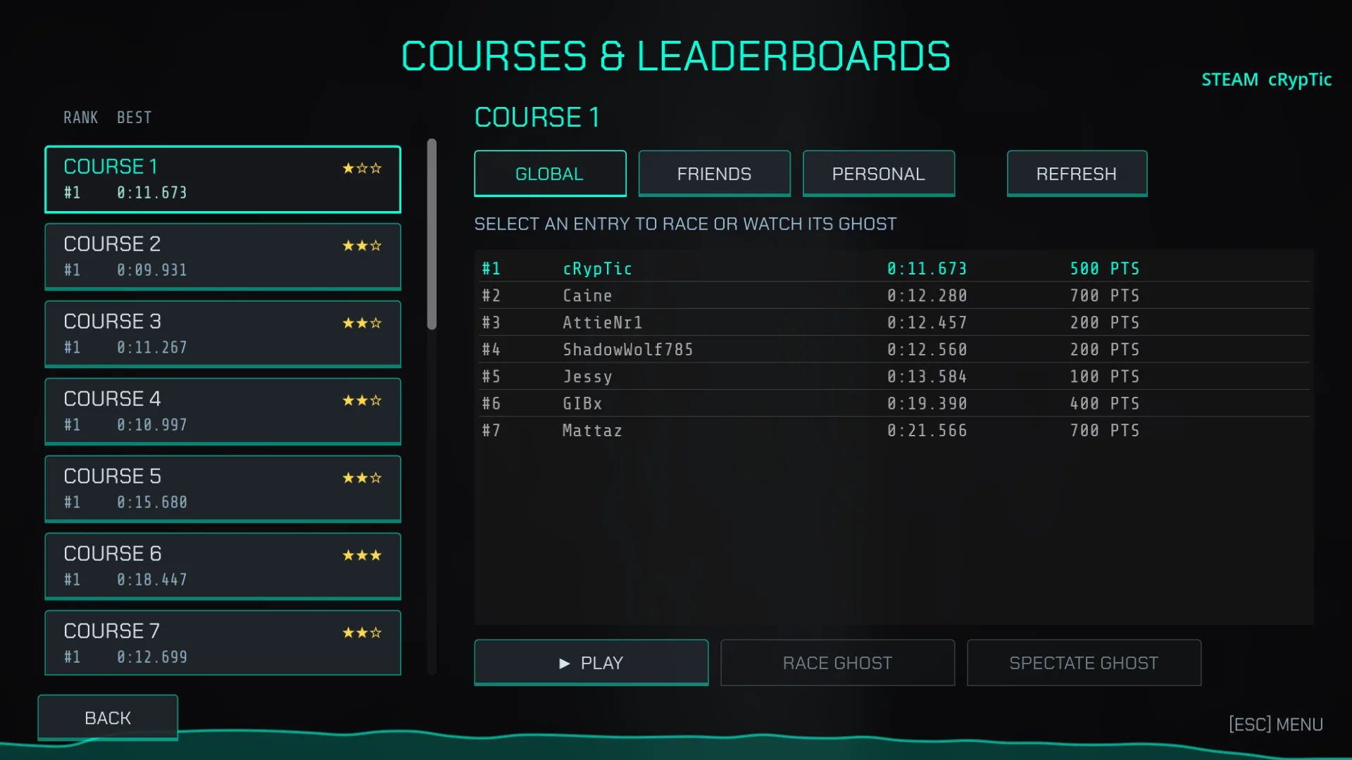Courses and leaderboards screen showing per-course rankings, times and ghost options