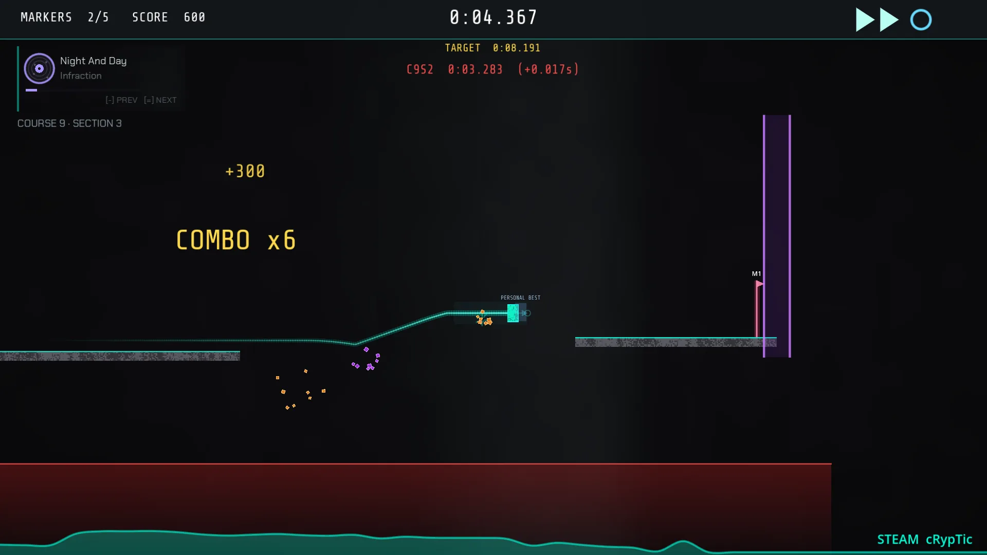 Player mid-air over open space, chaining strikes between floating targets